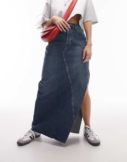 Topshop Tall leather look denim styled maxi skirt in black, ASOS in 2023