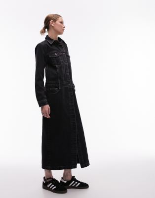 Topshop - Denim-Maxikleid in verwaschenem Schwarz mit halber Knopfleiste