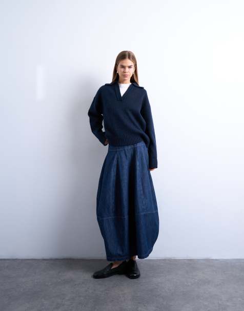 Topshop - Denim maxirok met naden en barrel-fit in diepblauw - view 1