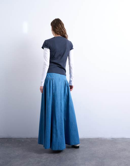 Topshop - Denim maxirok met verlaagde taille in blauw, 2 van 5
