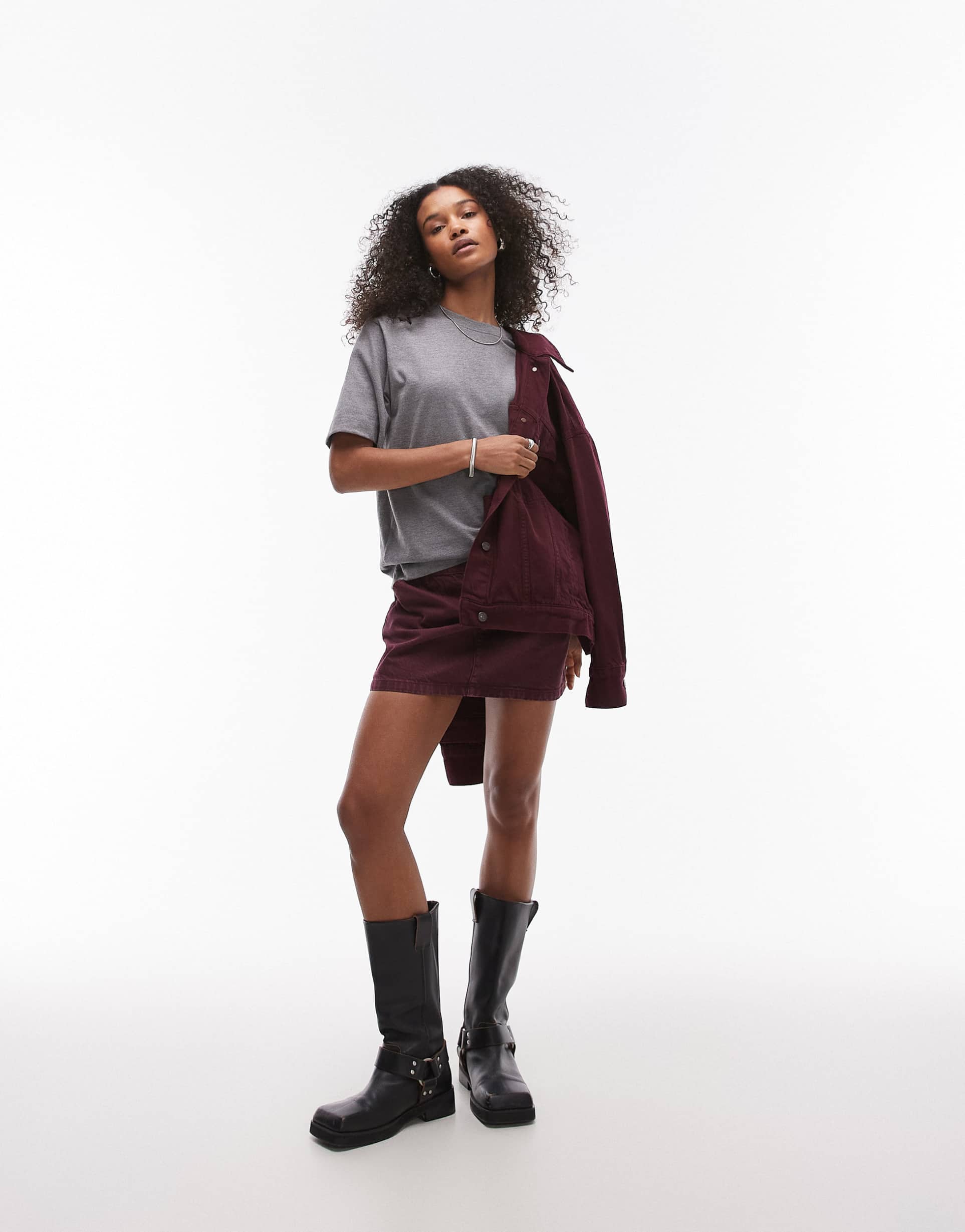 topshop denim micro pelmet skirt in burgundy
