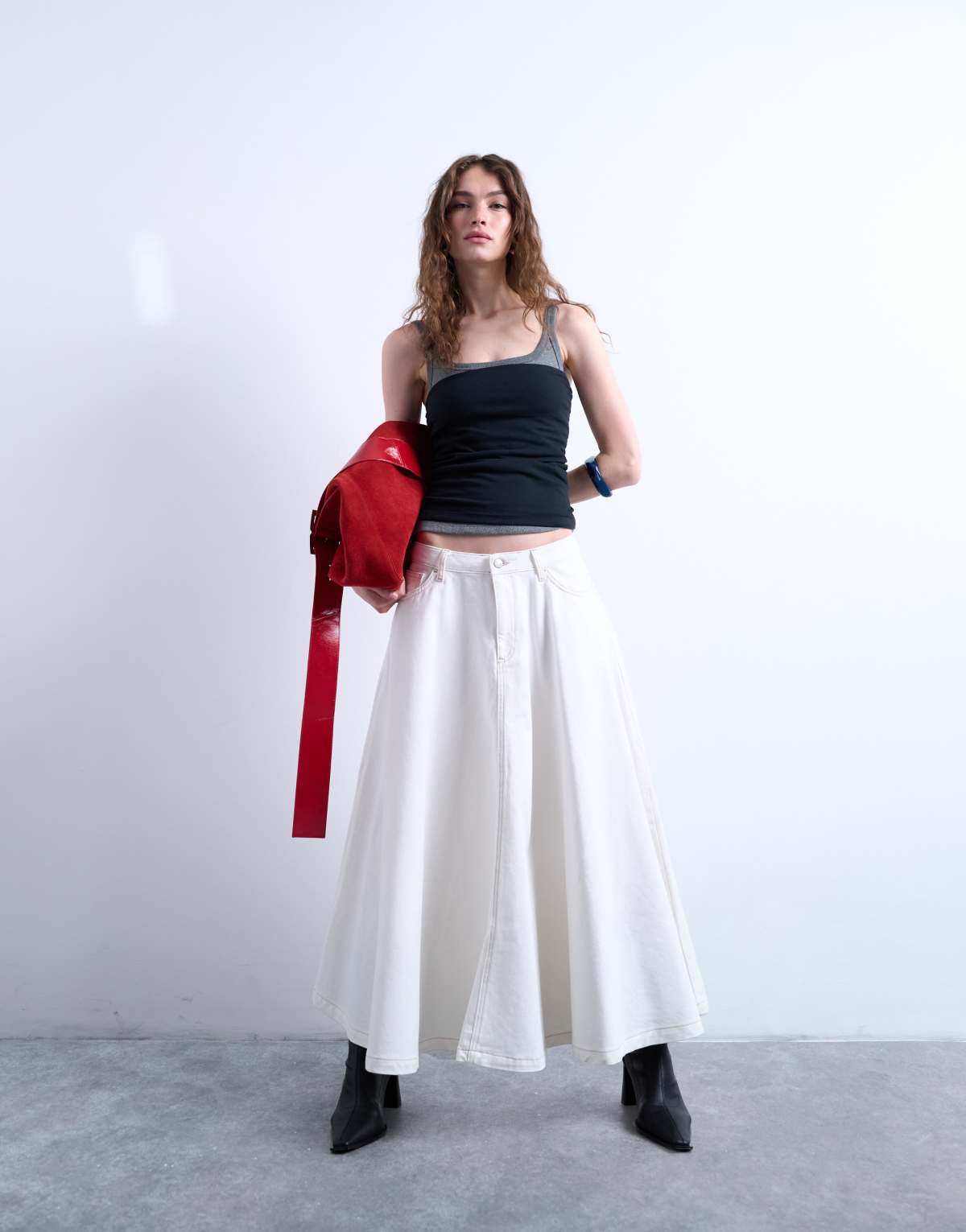 Topshop denim midi full circle skirt in ecru