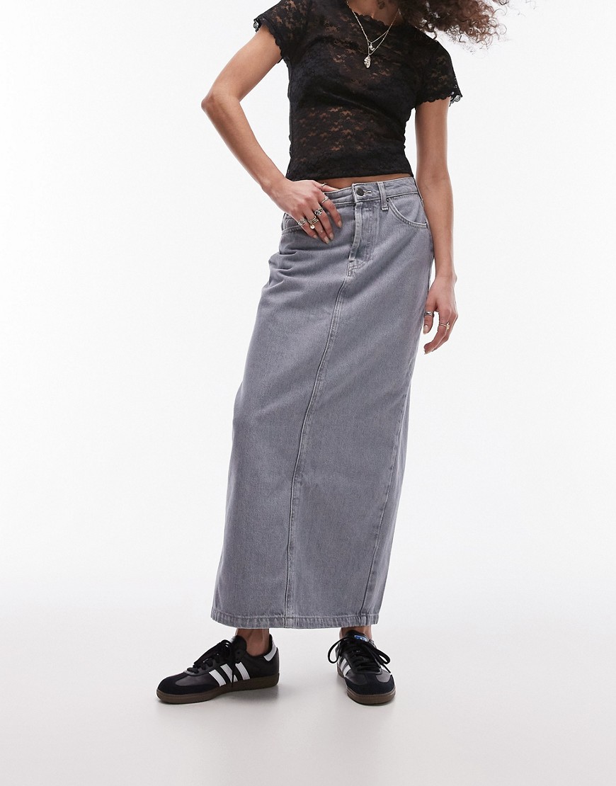 Topshop Denim Midi Skirt In Dove Gray