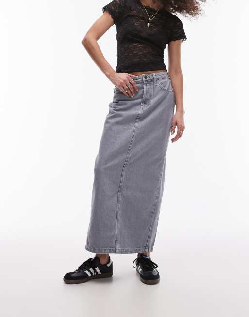 Topshop Tall denim midi skirt in bleach, ASOS