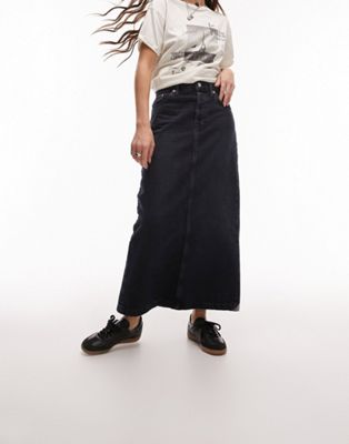 Topshop Denim Midi Skirt In Inky Navy