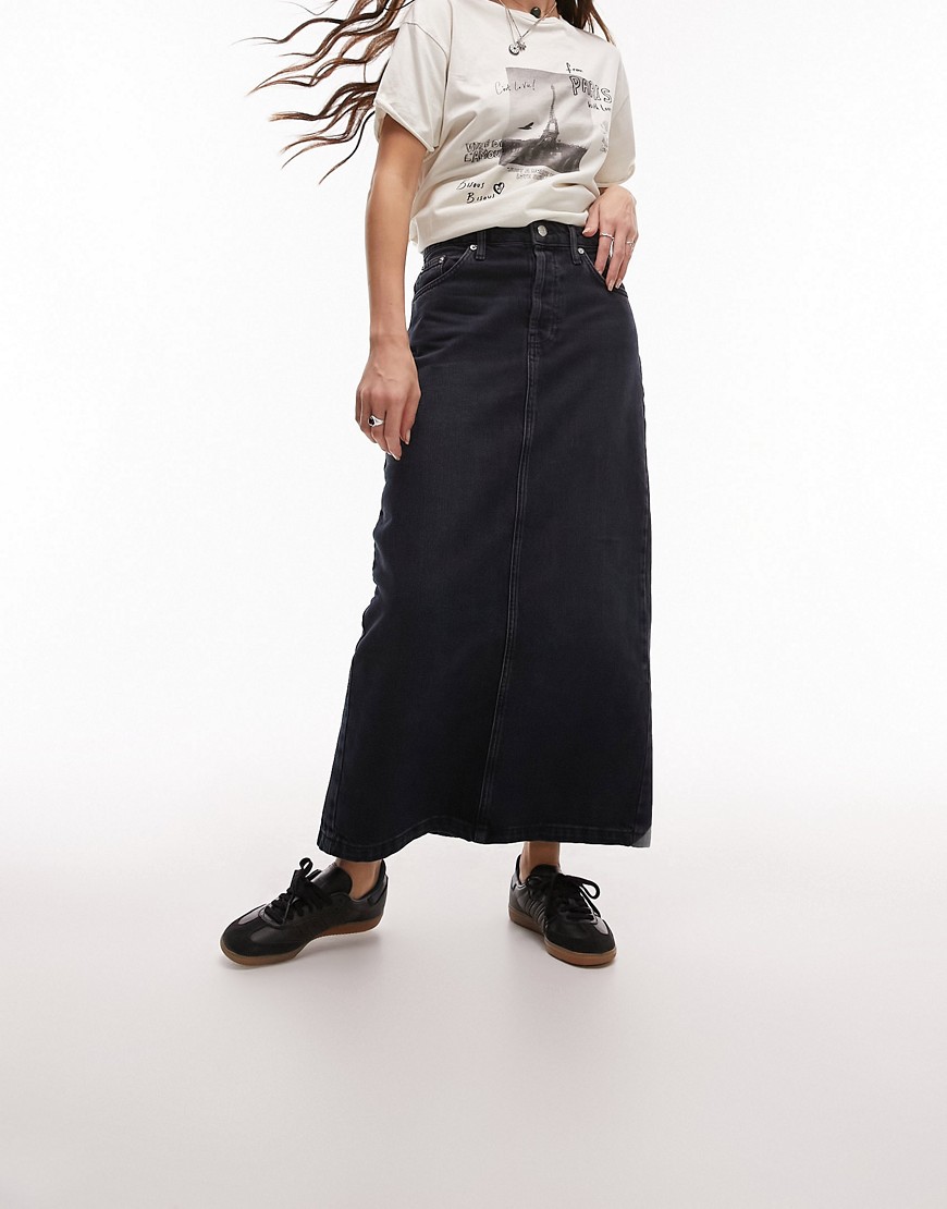 Topshop Denim Midi Skirt In Inky Navy