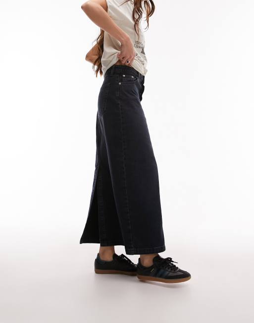 Topshop Denim Midi Skirt in Inky Navy