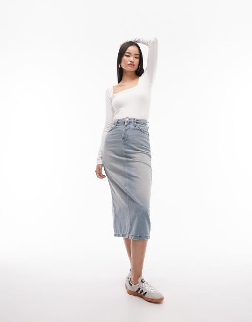 Topshop Tall denim midi skirt in bleach, ASOS