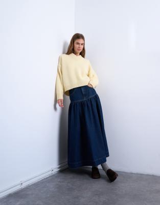 Topshop Denim Midi Skirt With Gathered Yoke Detailing In Blue