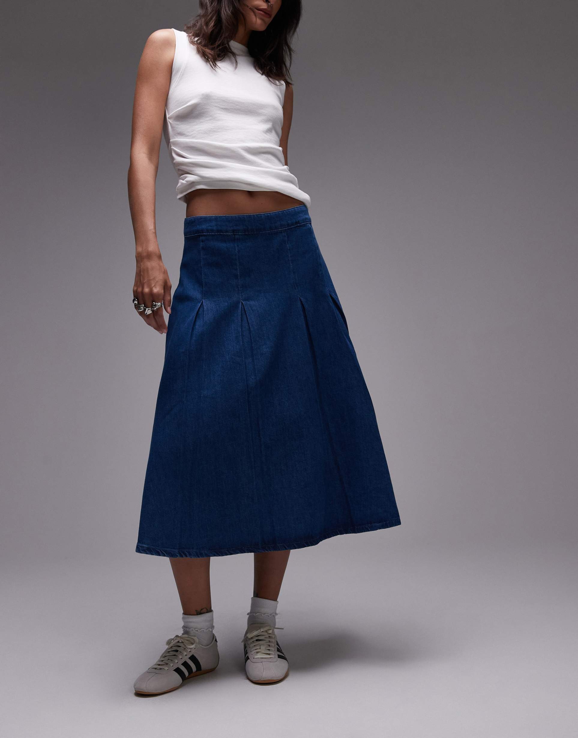 topshop denim midi skirt with godets in mid blue