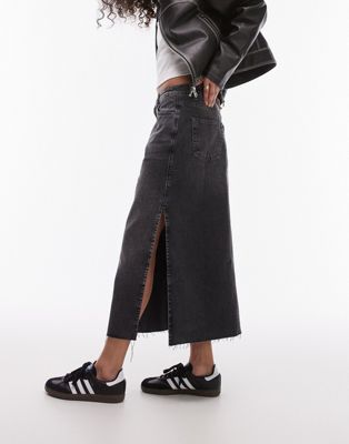 Topshop denim midi skirt with side split in washed black