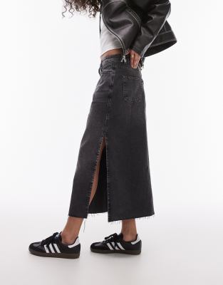 Topshop Denim Midi Skirt With Side Split In Washed Black