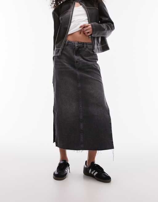 Topshop denim midi skirt with side split in washed black