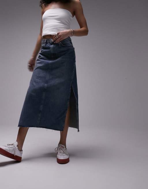 Topshop denim midi skirt with splits in mid blue