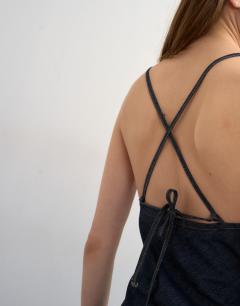 Model wearing Denim mini cami swing dress in indigo rinse