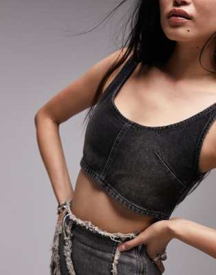 denim mini crop top in washed black-Blue