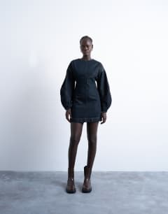 Denim mini dress with ovoid sleeve in indigo