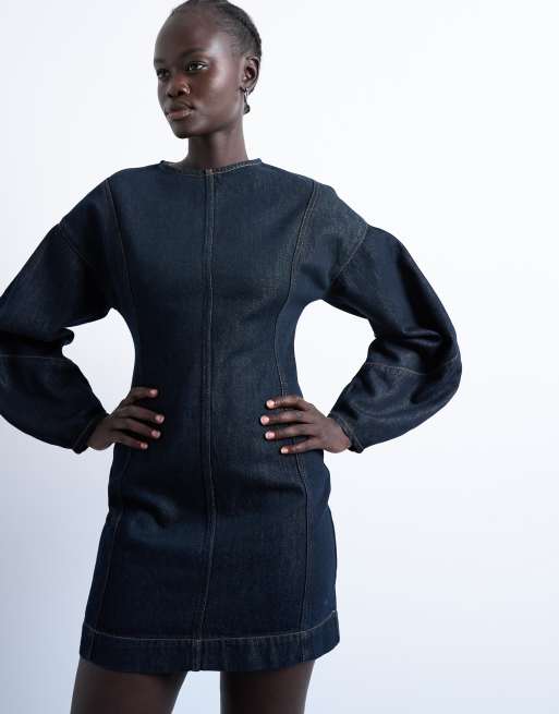 Topshop denim mini dress with ovoid sleeve in indigo, 2 of 4