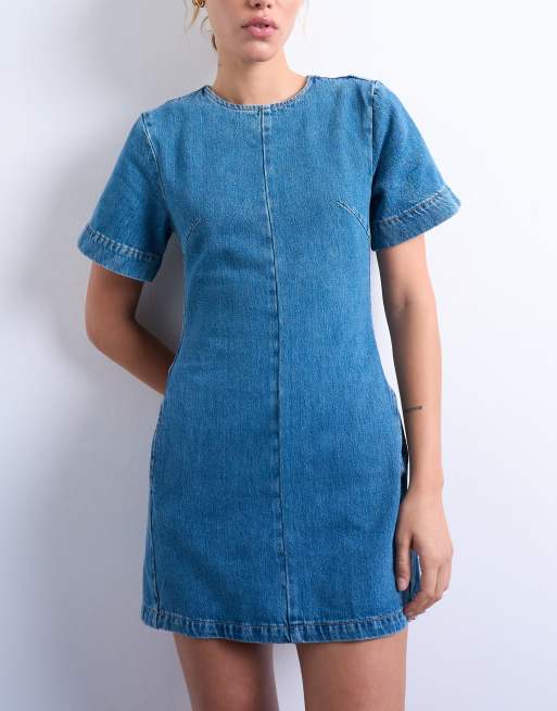 Topshop - Denim mini jurk met korte mouwen en structuur in middenblauw, 2 van 4