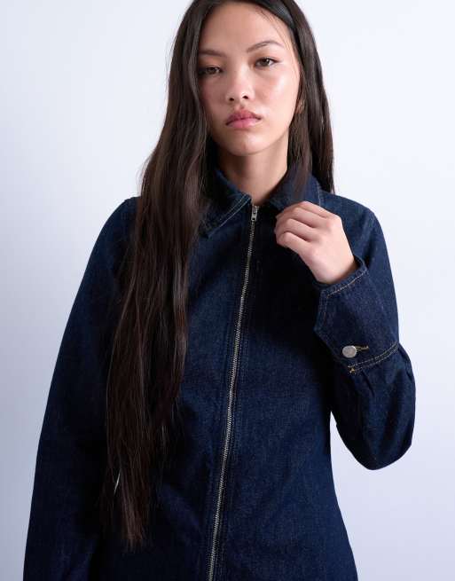 TOPSHOP - Denim mini-jurk met lange mouwen en ritssluiting in indigo, 2 van 4