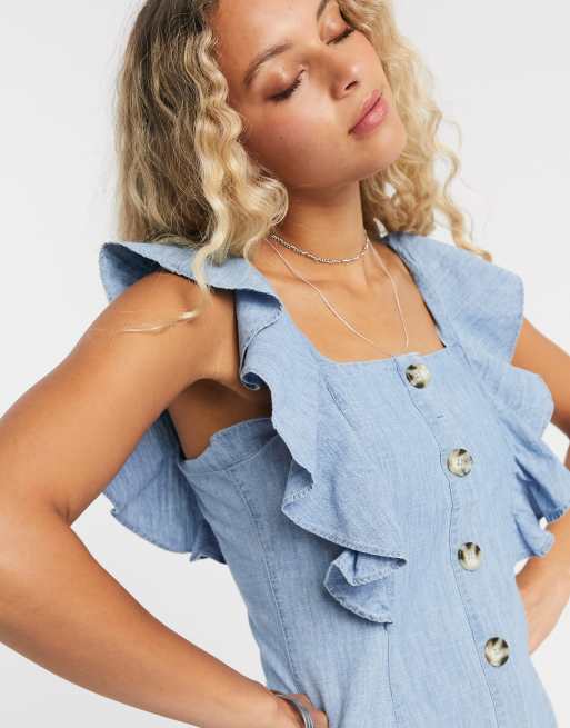 Topshop - Denim mini-jurk met ruches in mid wash, 3 van 4