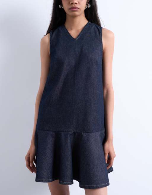 Topshop - Denim mini-jurk met V-hals en peplum in indigo, 2 van 4
