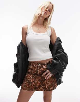 Topshop denim mini pelmet skirt in brown snake print-Green