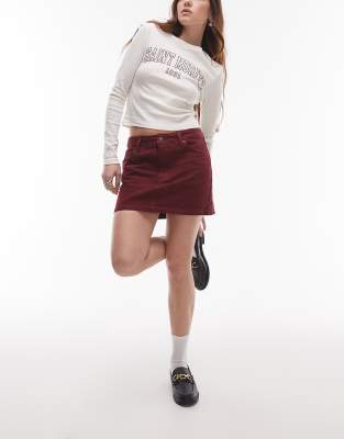 denim mini pelmet skirt in burgundy-Red