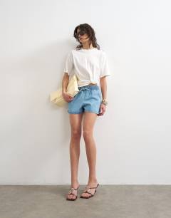 Denim mini runner short in mid blue