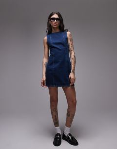 Denim mini shift dress in mid blue