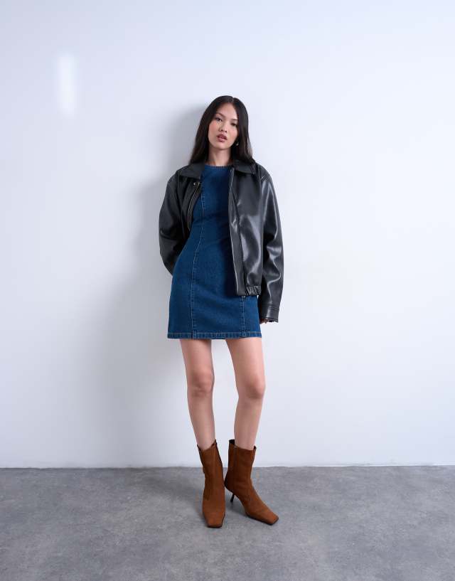 Topshop Denim Mini Shift Dress in mid Blue