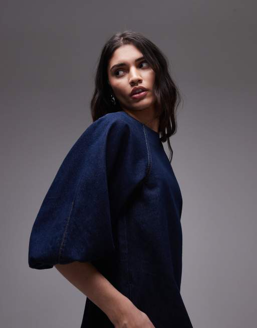 Topshop denim mini shift dress with balloon sleeves in raw look indigo, 3 of 4