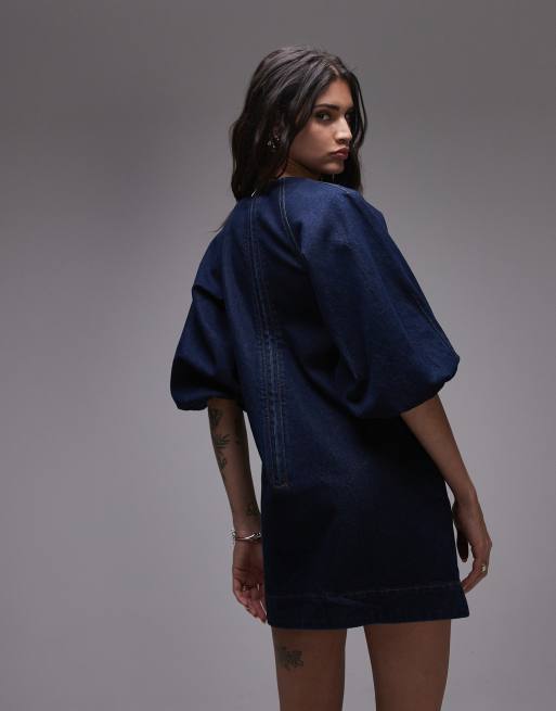 Topshop Denim Mini Shift Dress with Balloon Sleeves in Raw Look indigo-Blue