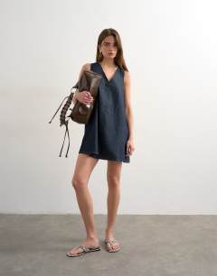 Denim mini v -neck shift dress in indigo rinse