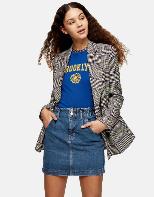 Topshop - Denim minirok met plooirand langs taille in middenblauw