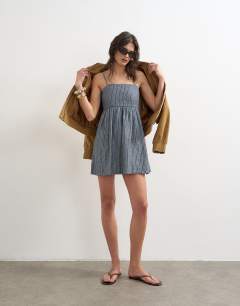 Denim open back strappy dress in blue stripe