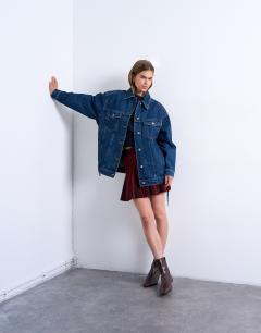 Denim oversized dad jacket with belt tie in indigo