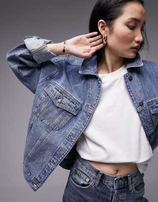 Topshop denim oversized jacket in mid blue