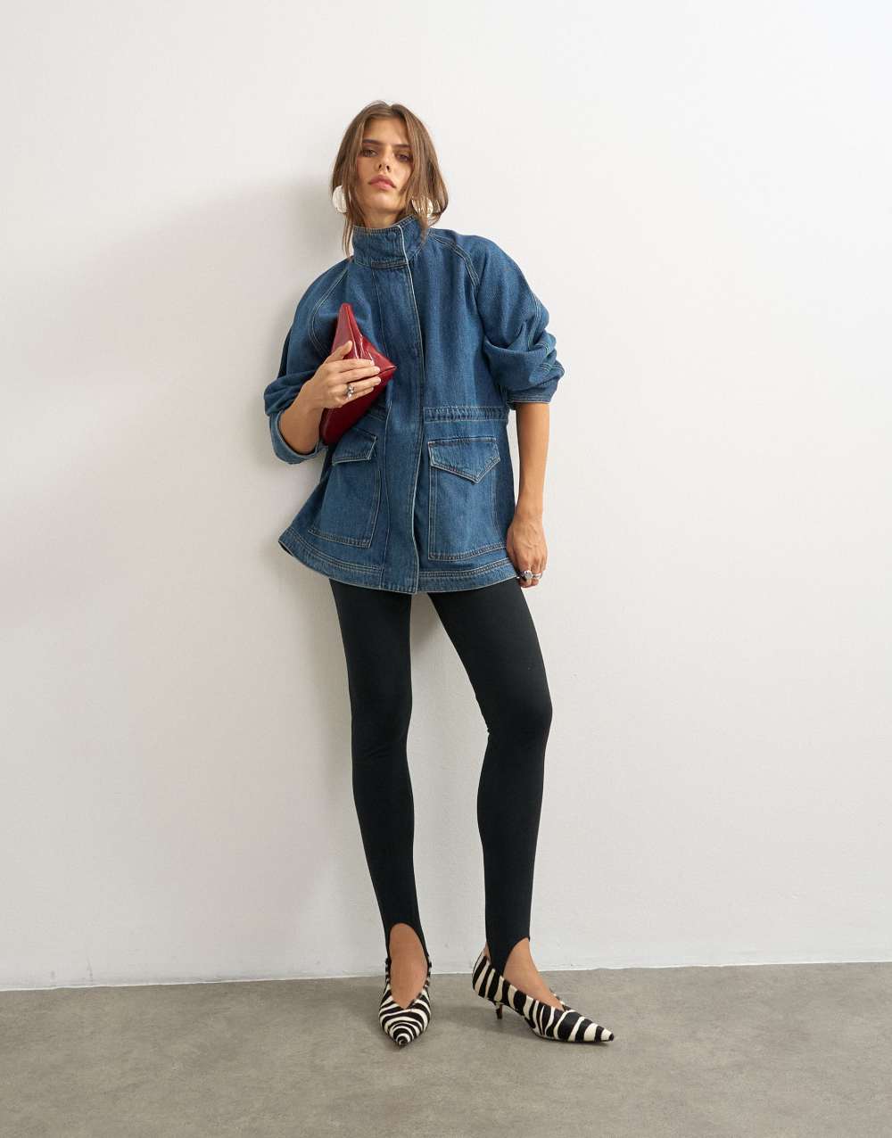 Topshop denim oversized jacket with elasticated waist detail in mid blue