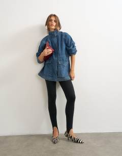 Denim oversized jacket with elasticated waist detail in mid blue
