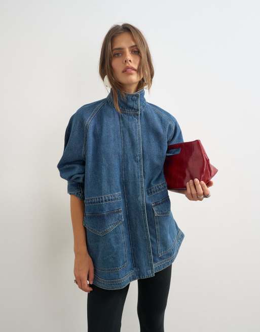 Topshop denim oversized jacket with elasticated waist detail in mid blue, 4 of 4