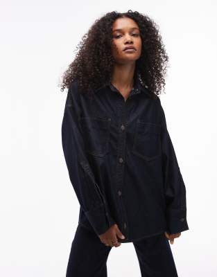 denim oversized shirt with pocket detailing in indigo-Blue