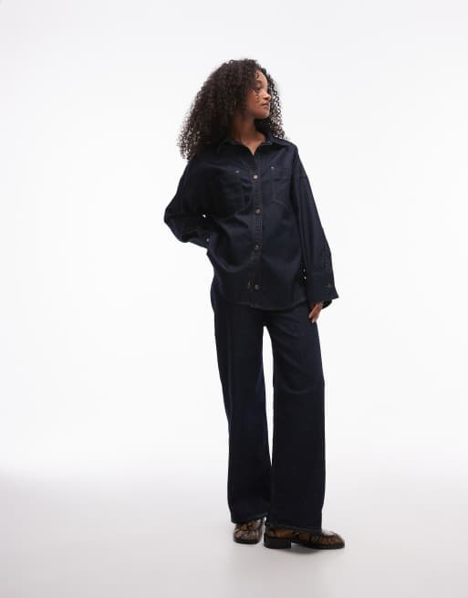 Topshop denim oversized shirt with pocket detailing in indigo, 3 of 4