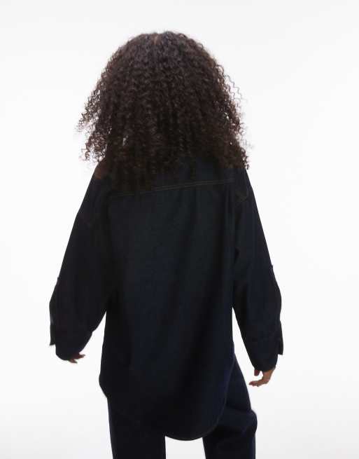 Topshop denim oversized shirt with pocket detailing in indigo, 4 of 4
