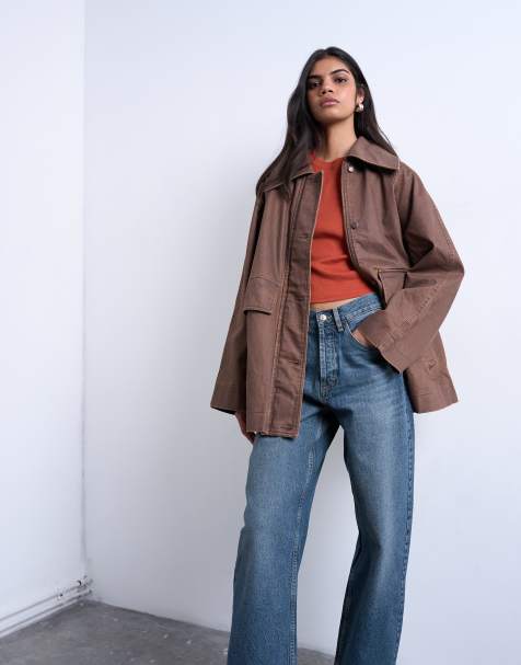 Topshop denim oversized waxed jacket in brown