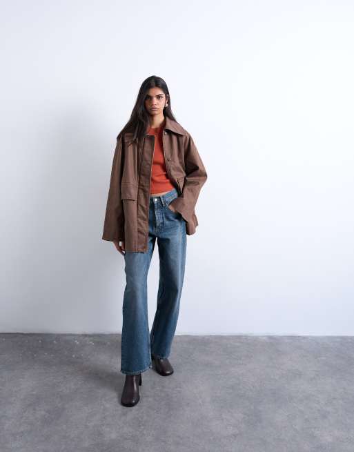Topshop denim oversized waxed jacket in brown, 3 of 4