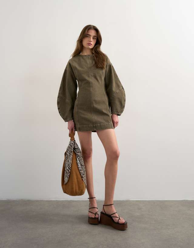 Topshop denim ovoid sleeves mini dress in khaki green