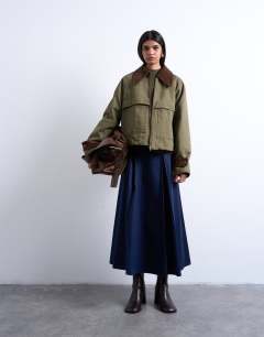 Denim padded barn jacket with contrast cord collar in khaki