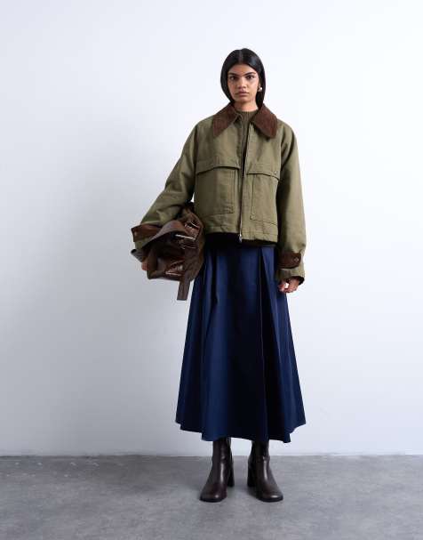 Topshop denim padded barn jacket with contrast cord collar in khaki