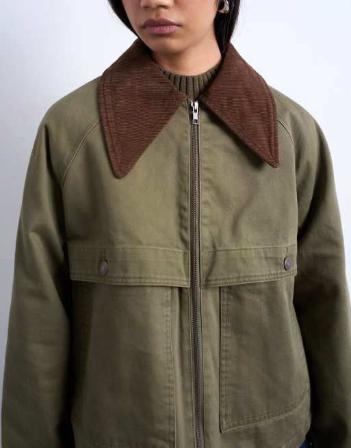 Topshop denim padded barn jacket with contrast cord collar in khaki, 2 of 4